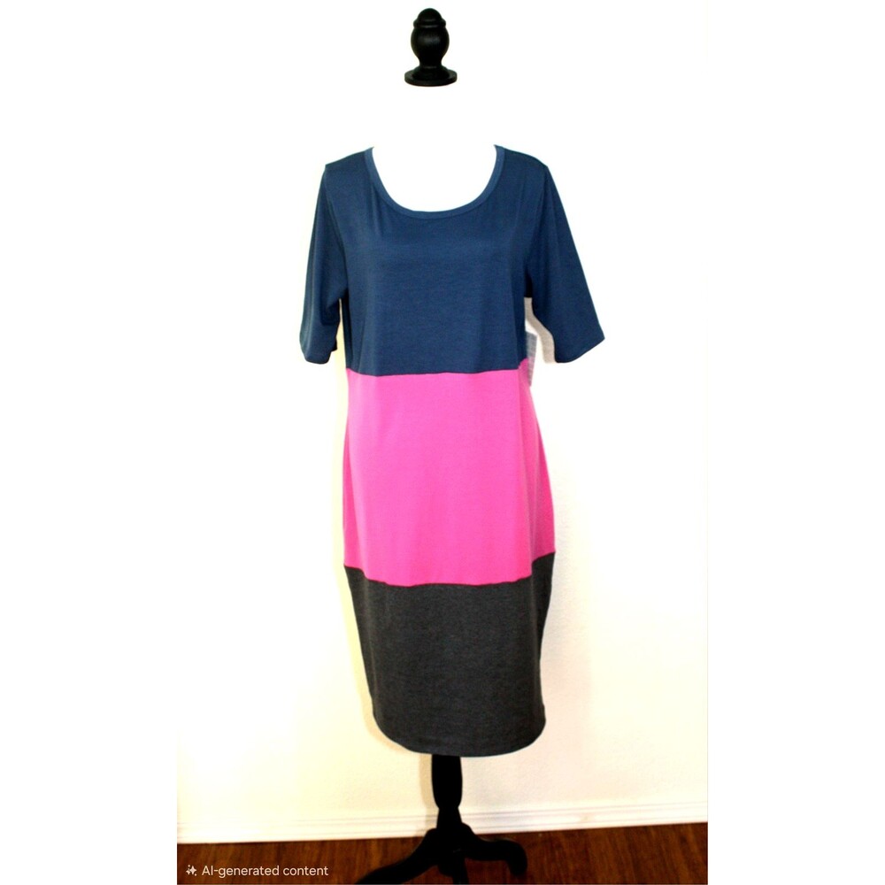 NWT LULAROE Knit Dress JULIA Sz. L Teal Pink Gray Colorblock SS Comfort #03